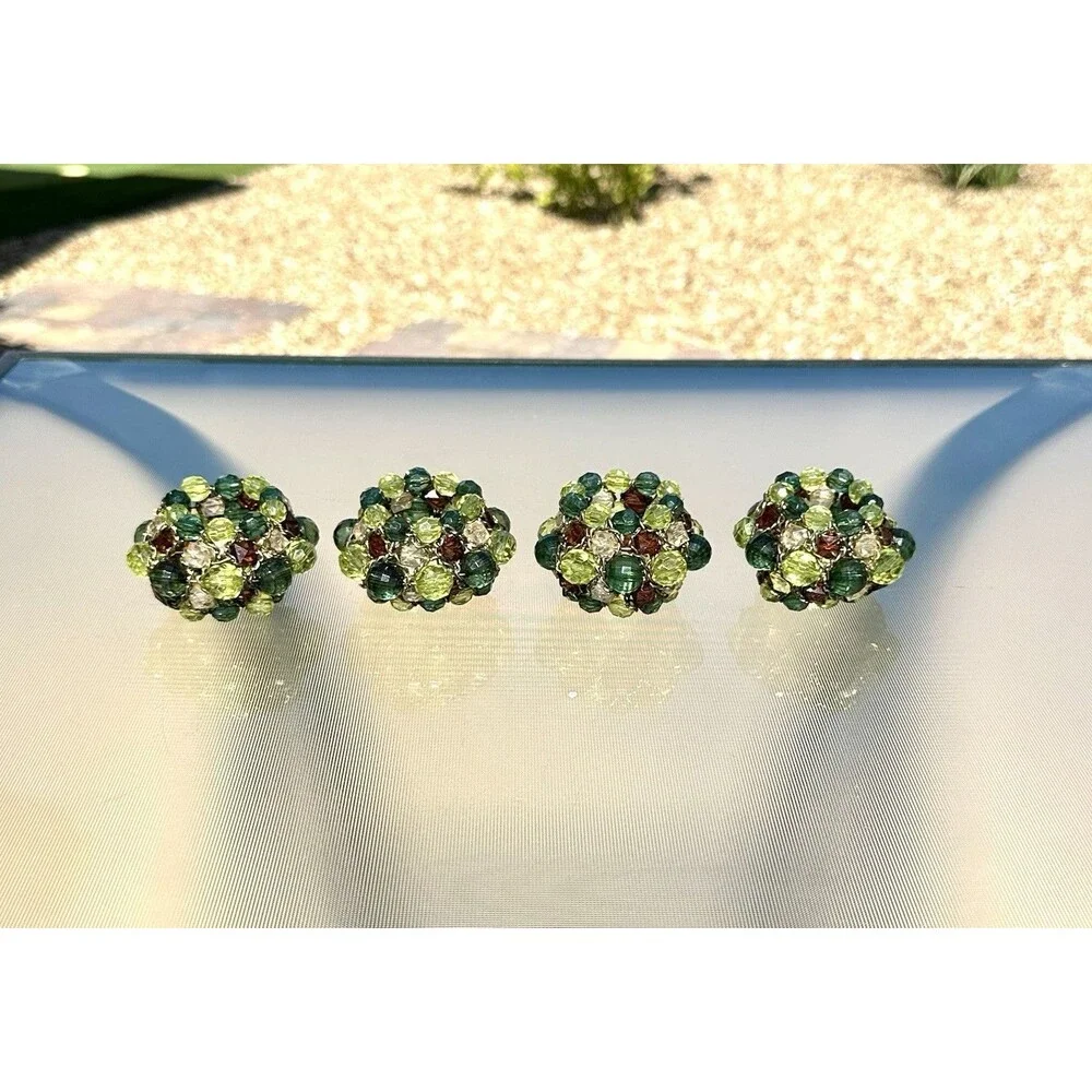 Set Of 4 Pier 1 Imports Green and Amber Faux Crystal Beaded Napkin Rings Round